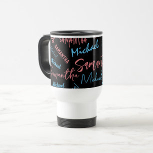 Two names couples pattern monogram blue light pink travel mug