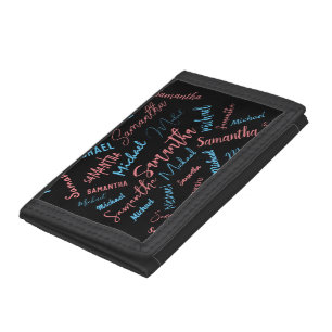 Two names couples pattern monogram blue light pink tri-fold wallet