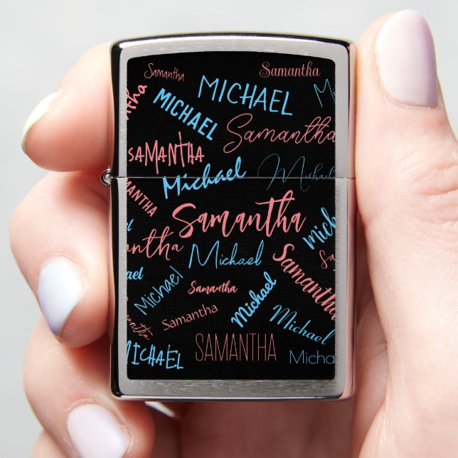 Two names couples pattern monogram blue light pink zippo lighter (In Hand)