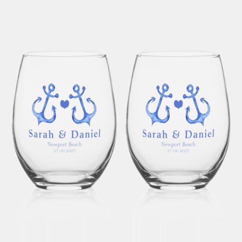 Two Nautical Navy Anchors  Heart _ Navy Wedding Stemless Wine Glass