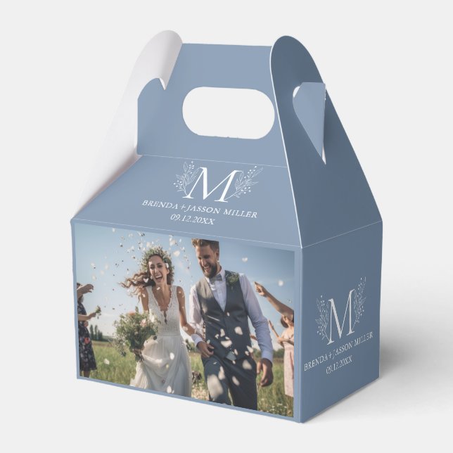 Two Newlywed Photos White Botanical Monogram  Favor Boxes (Front Side)
