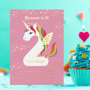 Two Nicorn Unicorn Second Birthday Party Foil Invitation by beckynimoy at Zazzle