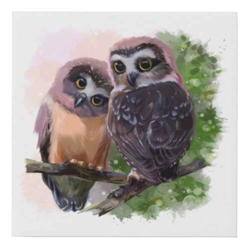Two Northern Saw_whet owls sit hugging each other  Faux Canvas Print