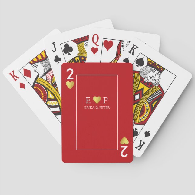 Two of Hearts Love Wedding Monogram Red Poker Cards (Back)