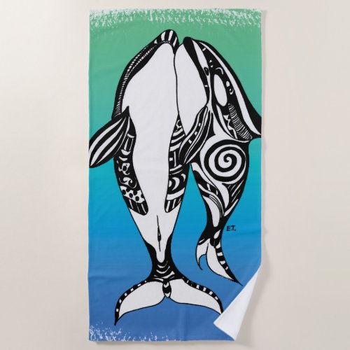 Two Orca Killer Whales Tribal Doodle Teal Blue Beach Towel