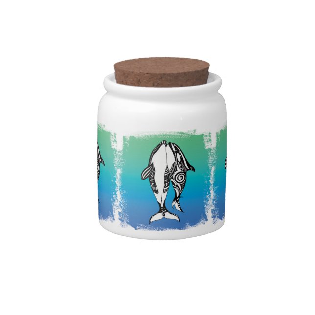 Two Orca Whales Teal Blue Brushed Tribal Candy Jar (Front)