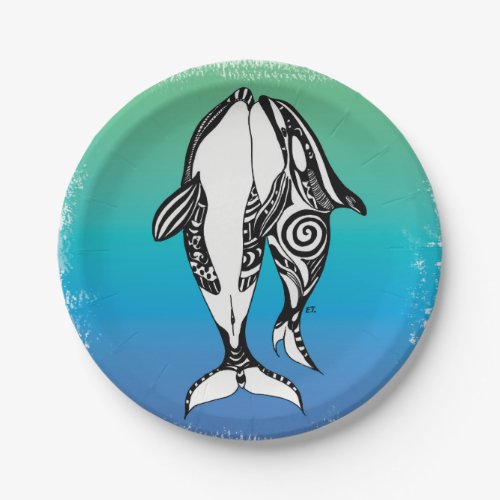 Two Orca Whales Teal Blue Brushed Tribal Paper Plates