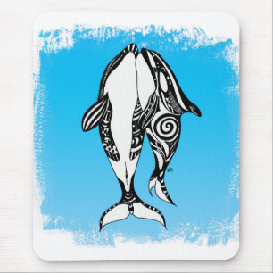 Two Orca Whales Tribal Blue Brushed Mouse Pad