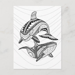 Two Orcas Adult Coloring Postcard