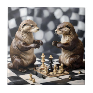 Two Otters Playing Chess,  Ceramic Tile