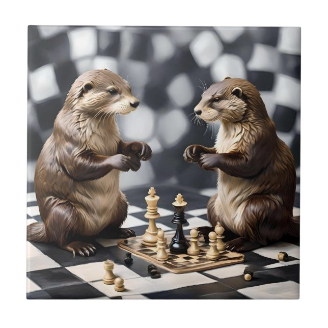 Two Otters Playing Chess,  Ceramic Tile (Front)