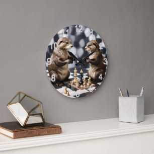 Two Otters Playing Chess,  Large Clock