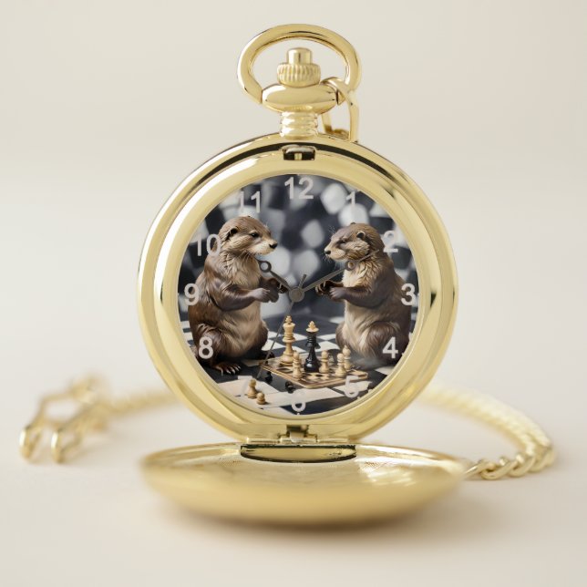 Two Otters Playing Chess,  Pocket Watch (Inside)