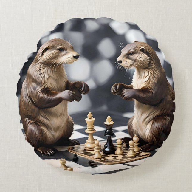 Two Otters Playing Chess,  Round Pillow (Front)