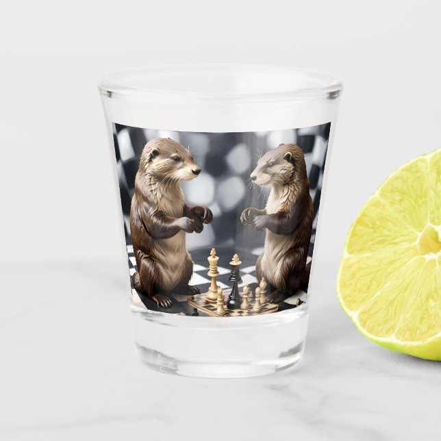 Two Otters Playing Chess,  Shot Glass (Front)