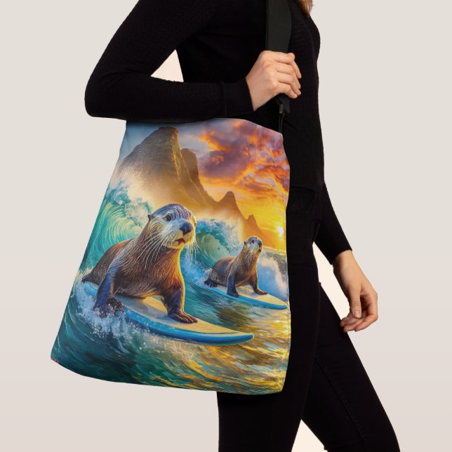 Two Otters Surfing Design by Rich AMeN Gill Crossbody Bag (Close Up)