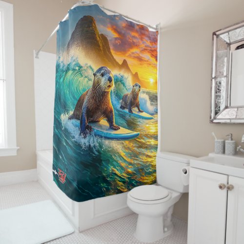 Two Otters Surfing Design By Rich AMeN Gill Shower Curtain