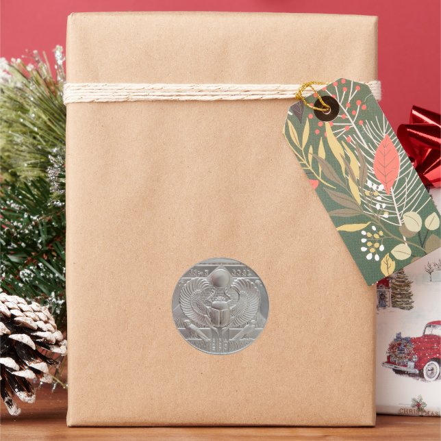 Two Ounce Silver Scarab Round   Classic Round Sticker (Holiday)