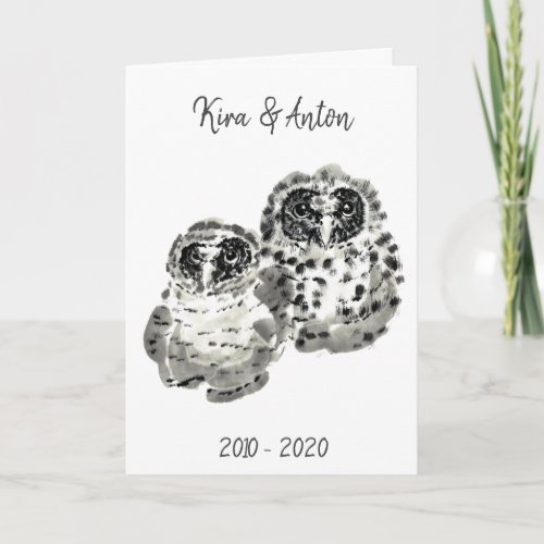 Two owl chicks sumie ink painting card