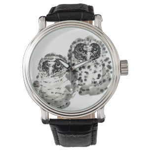 Two owl chicks sumie ink painting watch