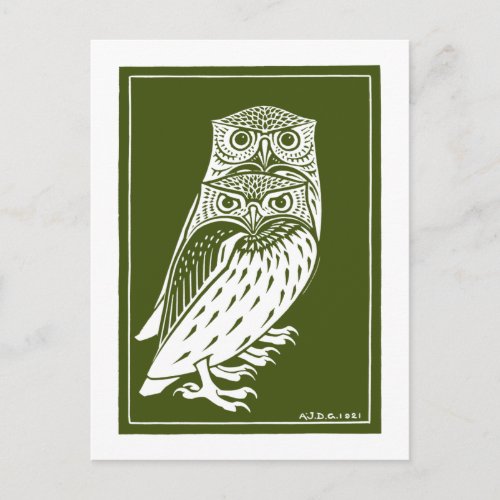 Two Owls 1921 by Julie de Graag Vintage Woodcut Postcard