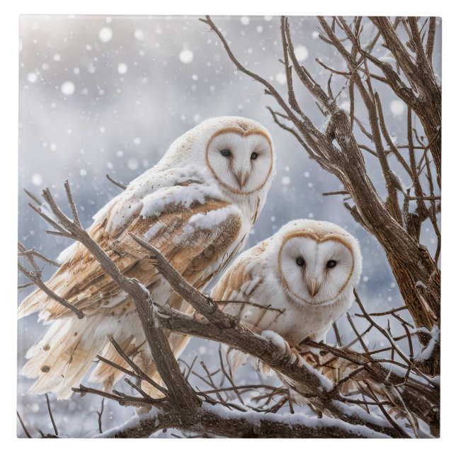 Two Owls in the Snow Pretty Seasonal Ceramic Tile (Front)