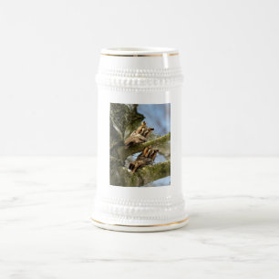 Two Owls in the Woods, birds, wildlife Beer Stein