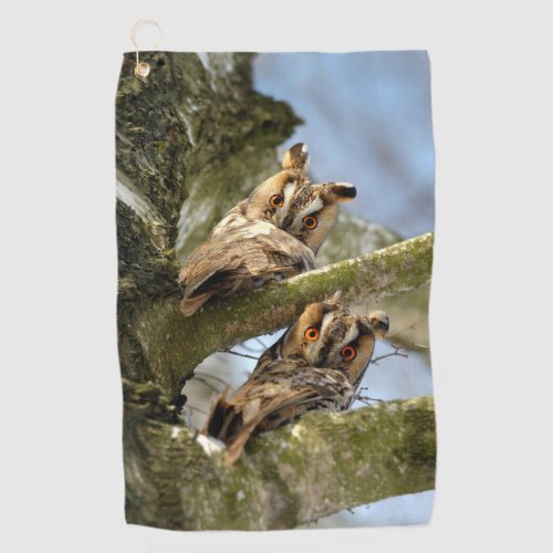 Two Owls in the Woods birds wildlife Golf Towel