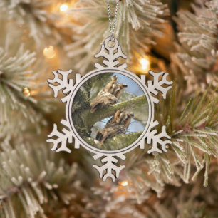 Two Owls in the Woods, birds, wildlife Snowflake P Pewter Christmas Ornament
