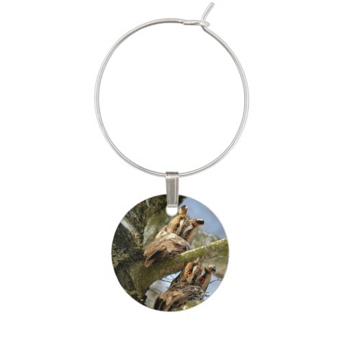 Two Owls in the Woods birds wildlife Wine Charm
