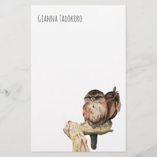 Two Owls on Branch Watercolor   Add Your Name Stationery