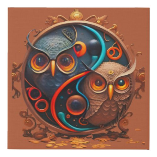 Two owls one circle faux canvas print