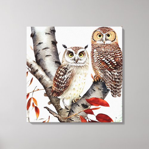Two Owls sitting in a White Birch Tree in Autumn Canvas Print