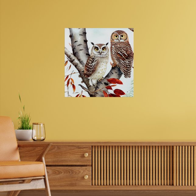 Two Owls sitting in a White Birch Tree in Autumn Poster (Living Room 2)