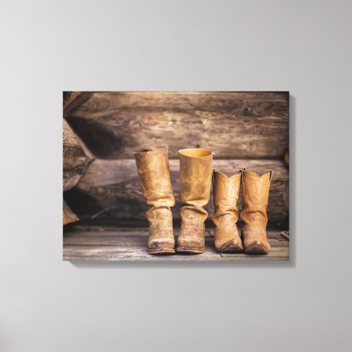 Two Pair Worn Cowboy Boots in Cabin Canvas Print