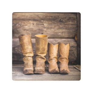 Two Pair Worn Cowboy Boots in Cabin Metal Print