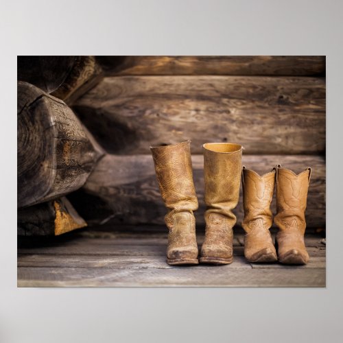 Two Pair Worn Cowboy Boots in Cabin Poster