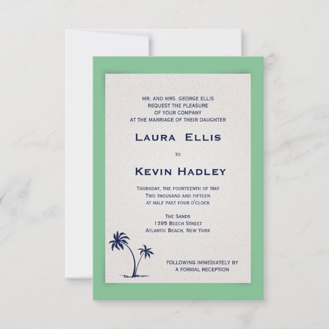 Two Palms - Sea green bech wedding invitation (Front)