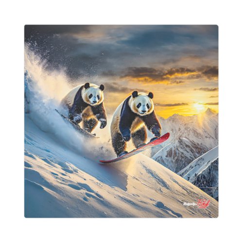 Two Pandas Snowboarding by Design Rich AMeN Gill Metal Print