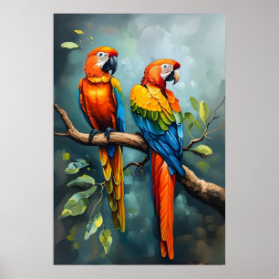 Two Parrots on a Branch Tree Oil Painting Art Poster