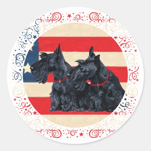 Two Patriotic Scottish Terriers Classic Round Sticker