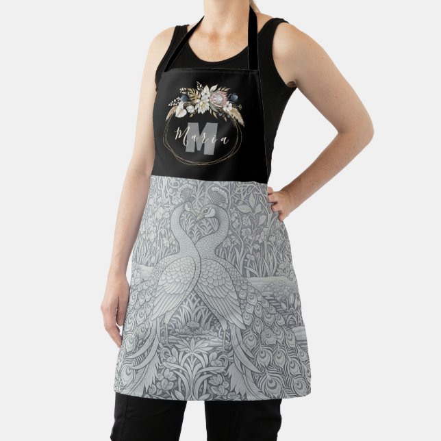 Two Peacocks, Flowers, Art Personalised Monogram Apron (Insitu)