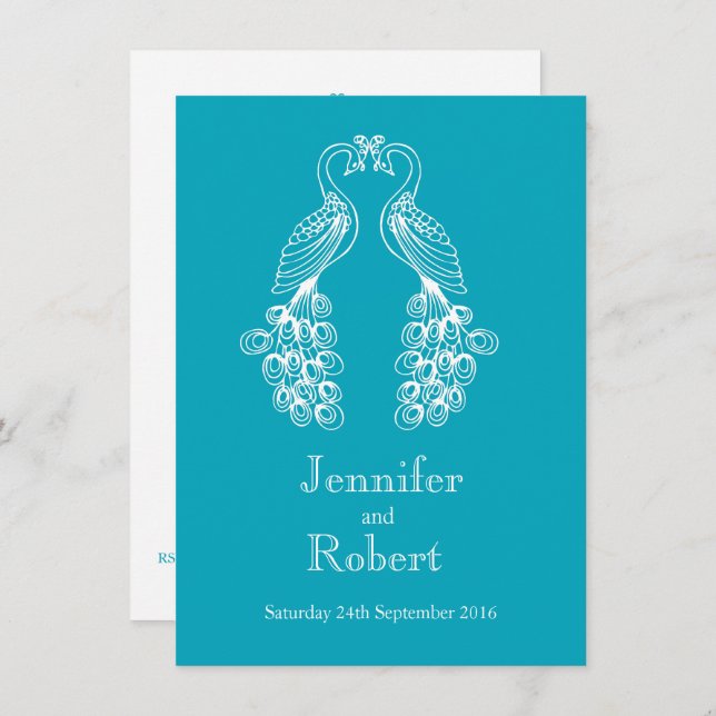 Two Peafowl teal white wedding invitation (Front/Back)
