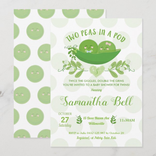 Two Peas in a Pod Baby Shower Invitation for Twins (Front/Back)