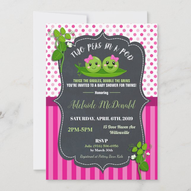 Two Peas in a Pod Baby Shower Invitation for Twins (Front)