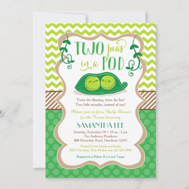 Two Peas in a Pod Baby Shower, Twins Invitation (Front)