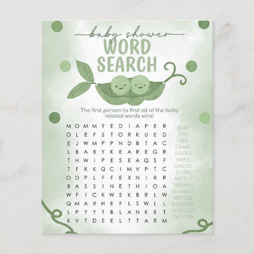 Two Peas In a Pod Baby Shower Word Search Game Flyer