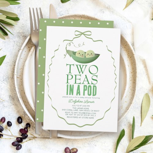 Two Peas in a Pod Green Bow Twin Baby Shower Invitation