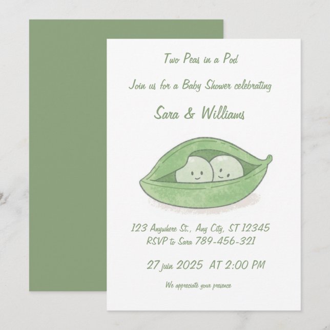 Two Peas In a Pod Twin Baby Shower Invitation (Front/Back)