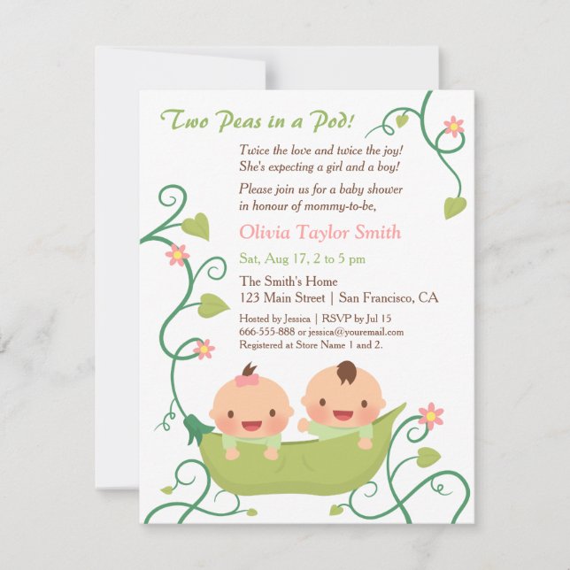 Two Peas in a Pod Twin Baby Shower Invitations (Front)